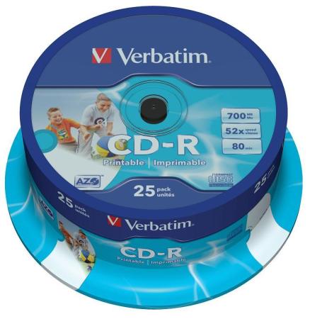 Диски CD-R 80min 700Mb Verbatim  52x  25 шт  Cake Box  DL, Printable  <43439>