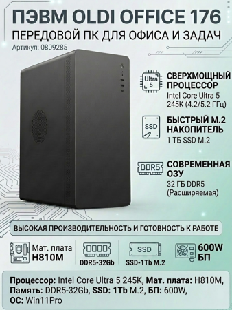 ПЭВМ OLDI OFFICE 176 0809285>Intel Core Ultra 5 245K  4.2/5.2GHz/H810M/DDR5-32Gb/SSD-1Tb M.2/600W/Win11Pro