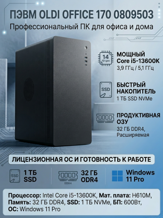 ПЭВМ OLDI OFFICE 170 0809503>Intel Core i5-13600K 3,9GHz/5,1GHz/H610M/DDR4 32Gb/SSD-1TB/600w/Win11Pro