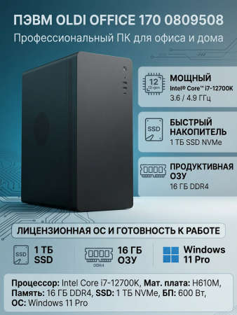 ПЭВМ OLDI OFFICE 170 0809508>Intel® Core™ i7-12700K 3.6/4.9 ГГц/H610M/DDR4 16Gb/SSD-1TB/600w/Win11Pro