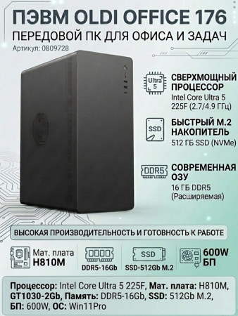 ПЭВМ OLDI OFFICE 176 0809728>INTEL Core Ultra 5 225F 2.7/4.9GHz/H810M/DDR5-16Gb/SSD-512Gb M.2/GT1030-2Gb/600W/Win11Pro