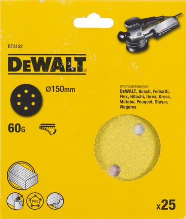 Круг фибровый DeWALT DT3132-QZ  для эксц.шлифмашин, 150мм, 6 отв., 60G, 25шт.