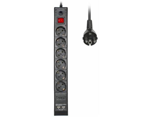 Сетевой фильтр BURO BU-SP1.8_USB_2A-B 6 розеток 1.8 м черный