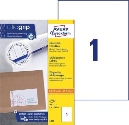 Этикетки Avery Zweckform 3478 A4 70x210мм 297шт на листе/70г/м2/100л./белый матовое самоклей. универсальная