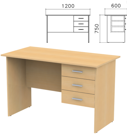 Стол письменный "Канц", 1200х600х750 мм, тумба 3 ящика, цвет бук невский, СК27.10