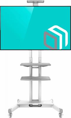 Мобильная стойка ONKRON на 1 ТВ/ 32-65" от 200х200 до 400х600 наклон 0? поворот 0? макс нагр 45,5кг Высота 1200-1500мм, кабель-канал, 2 полки, регулировка полок по высоте, колесики с блокировкой, белая
