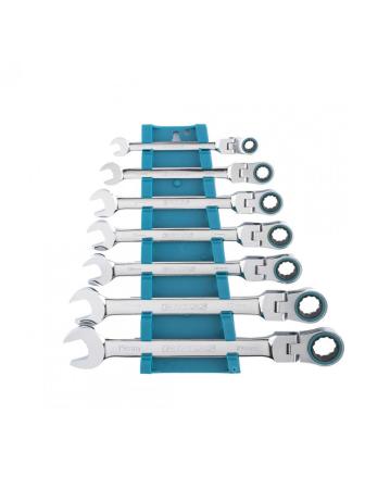 Набор ключей комбинированных GROSS 14891  с трещоткой, 8 - 19 мм, 7шт., шарнирные, CrV