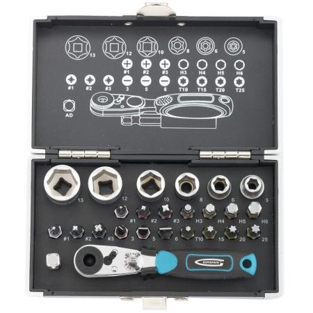 Набор бит и головок торцевых ,1/4", магнитный адаптер, сталь S2 пластиковый кейс, 26 предм.// Gross