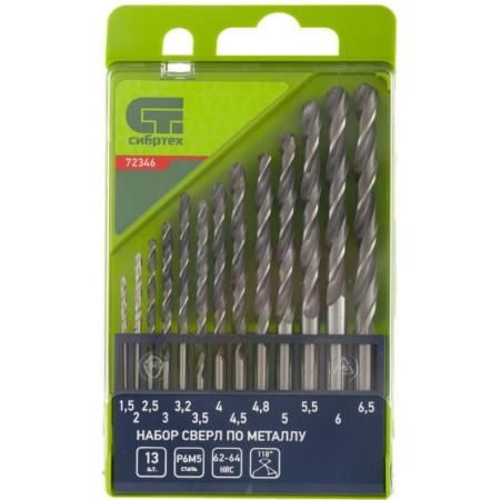 Набор сверл по металлу, 1,5 - 6,5 мм, 13 шт., Р6М5, пластиковый кейс// Сибртех