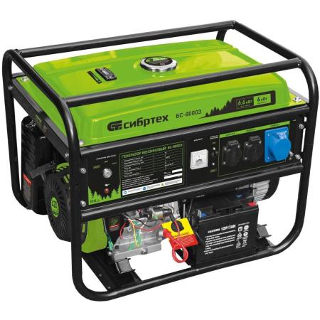 Генератор бензиновый БС-8000Э, 6,6 кВт, 230В, 4-х такт., 25 л, электростартер// Сибртех