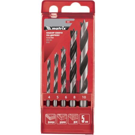 Набор сверл по дереву, 4-5-6-8-10 мм, 5шт., цилиндр. хвостовик, пластиковый кейс// Matrix