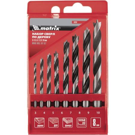 Набор сверл по дереву,3-4-5-6-7-8-9-10 мм, 8шт., цилиндр. хвостовик, пластиковый кейс// Matrix