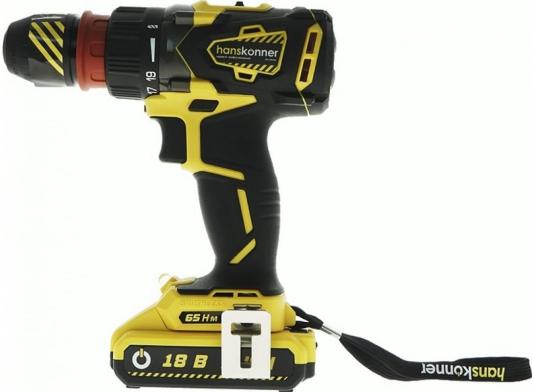 Hanskonner HCD1865BLC Дрель акк [HCD1865BLC] { б/щ,СМ.ПАТ ,18В, Li-Ion,2скор,2 акк.2,4 Ач, 65Нм,13мм,БЫСТР.ЗАР }