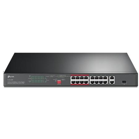 16-port 10/100Mbps + 2-port Gigabit unmanaged switch with 16 PoE+ ports, compliant with 802.3af/at PoE, 150W PoE budget,  support 250m Extend Mode, priority mode and Isolation mode, rackmount, plug and play.