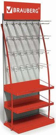 Стойка для размещения товара напольная BRAUBERG, 2050x600x500 мм, 25 крючков, 3 полки, металл, 504874
