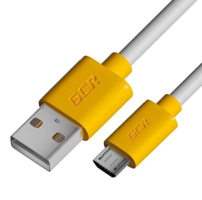 GCR Кабель 2.0m MicroUSB, белый, желтые коннекторы, быстрая зарядка, 28/24 AWG