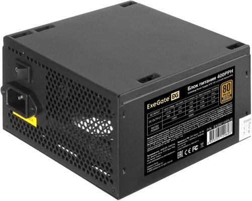 Блок питания 400W ExeGate 80 PLUS® Bronze 400PPH (ATX, APFC, КПД 88% (80 PLUS Bronze), 12cm fan, 24pin, 4+4pin, 2xPCI-E, 3xSATA, 3xIDE, RTL(color box), black)