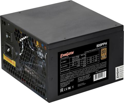 Блок питания 800W ExeGate 80 PLUS® Bronze 800PPH (ATX, APFC, КПД 89% (80 PLUS Bronze), 12cm fan, 24pin, 2x(4+4)pin, 4xPCI-E, 8xSATA, 4xIDE, RTL(color box), black)