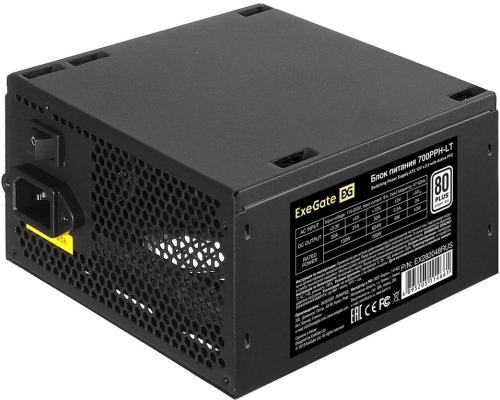 Блок питания 700W ExeGate 80 PLUS® 700PPH-LT-S-OEM (ATX, APFC, КПД 82% (80 PLUS)SC, 12cm fan, 24pin, (4+4)pin, PCIe, 5xSATA, 3xIDE, кабель 220V с защитой от выдергивания, black, RTL)
