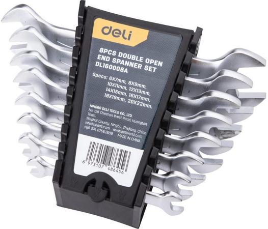 Набор двусторонних гаечных ключей 8 шт Deli DL160008A Спец.: 6x7мм, 8x9мм, 10x11мм, 12x13мм, 14x15мм, 16x17мм, 18x19мм, 20x22мм. Матовая хромированная поверхность. Пластиковая упаковка.