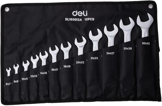 Набор двусторонних гаечных ключей 12 шт Deli DL160012A Спецификация: 6x7мм, 8x9мм, 10x11мм, 12x13мм, 14x15мм, 16x17мм, 18x19мм, 20x22мм, 21x23мм, 24x27мм, 25x28мм, 30x32мм. Матовая хромированная поверхность. Тканевая упаковка.