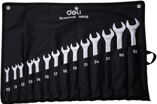 Набор комбинированных гаечных ключей 14 шт Deli DL130014B Спецификация: 10 мм, 11 мм, 12 мм, 13 мм, 14 мм, 16 мм, 17 мм, 18 мм, 19 мм, 21 мм, 24 мм, 27 мм, 30 мм, 32 мм. Матовая хромированная поверхность. Тканевая упаковка.
