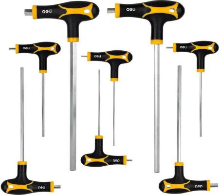 Набор шестигранных ключей Deli DL233108 8 шт. Материал: CR-V. Спецификация: 2x75 мм/2,5x75 мм/3x100 мм/4x100 мм/5x150 мм/6x150 мм/8x200 мм/10x200 мм. Удобная рукоять.