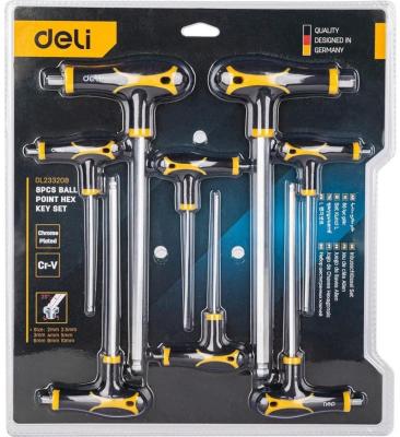 Набор шестигранных ключей с шаром Deli DL233208 8 шт. Материал: CR-V. Спецификация: 2x75 мм/2,5x75 мм/3x100 мм/4x100 мм/5x150 мм/6x150 мм/8x200 мм/10x200 мм Удобная рукоять.