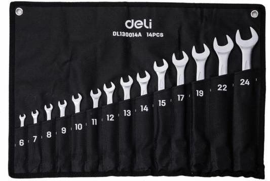 Набор комбинированных гаечных ключей 14 шт Deli DL130014A Спецификация: 6,7,8,9,10,11,12,13,14,15,17,19,22,24 мм. Матовая хромированная поверхность. Тканевая упаковка.