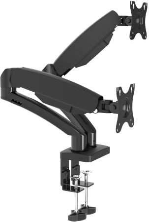 [WDA2-32] Настольное крепление для двух мониторов 14"-32", газовая пружина, VESA 75x75, 100x100, нагрузка 2- 7,3 кг на монитор, наклон -60°/+60°, поворот -90°/+90°, вращение 360°, 2 способа крепления: сквозное и струбцина, черн.