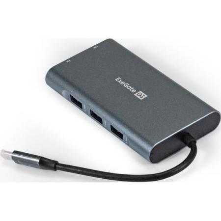 Док-станция ExeGate DUB-31C/MAX (кабель-адаптер USB Type-C --> 3xUSB3.0 + Card Reader + PD 100W + HDMI 4K@30Hz + VGA + Audio + Lan RJ45 10/100/1000Mb, Plug&Play, серый)