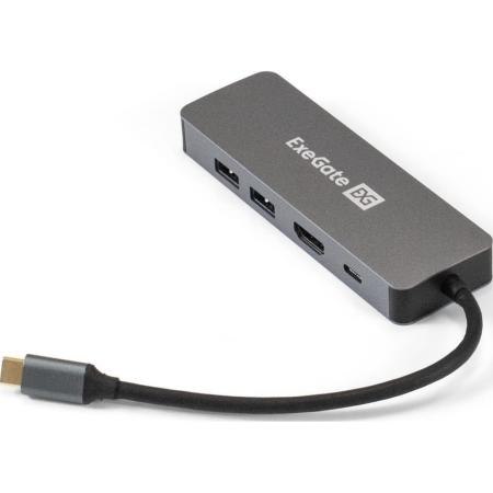 Док-станция ExeGate DUB-21C/PD/HL (кабель-адаптер USB Type-C --> 2xUSB3.0 + PD 100W + HDMI 4K@60Hz + Lan RJ45 10/100/1000Mb, Plug&Play, серая)