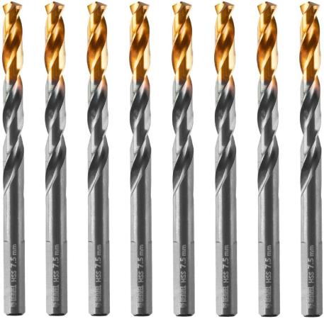 Сверло по металлу, 7,5 мм, HSS-Tin, Golden Tip, 8 шт.// Denzel