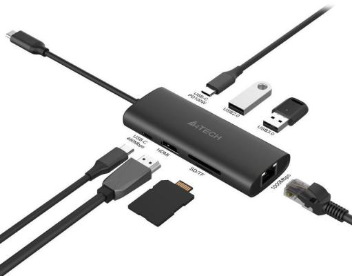 Разветвитель USB Type-C A4TECH DST-80C 2 х USB 2.0 RJ-45 HDMI USB Type-C SD серый