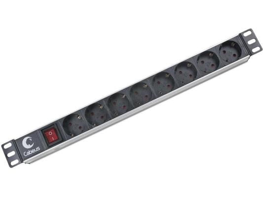 Cabeus PDU-8P Блок евророзеток для 19" шкафов, горизонтальный, 8 розеток, 10 A, выключатель, гнездо под шнур, алюминиевый корпус