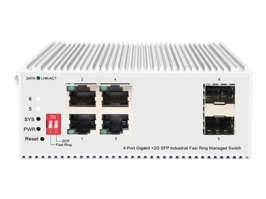 Managed L2 Industrial Fast Ring Switch 4x1000Base-T, 2x1000Base-X SFP, Surge 4KV, -40 to 75°C