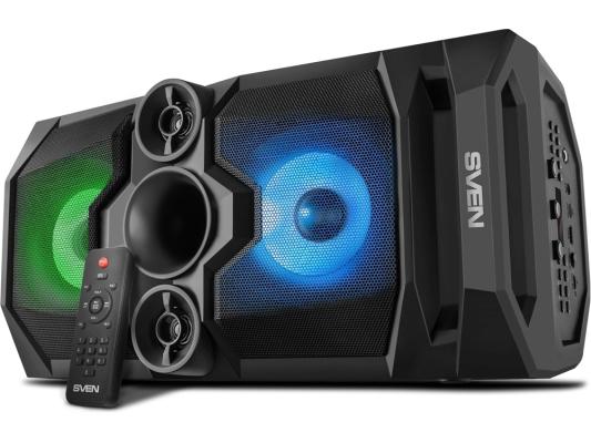 Мобильные колонки SVEN PS-655 2.0 чёрные (2x25W, mini Jack, USB Type-C, USB flash, Bluetooth, FM, micro SD, ПДУ, LED экран, 4400 мA, RGB подсветка)