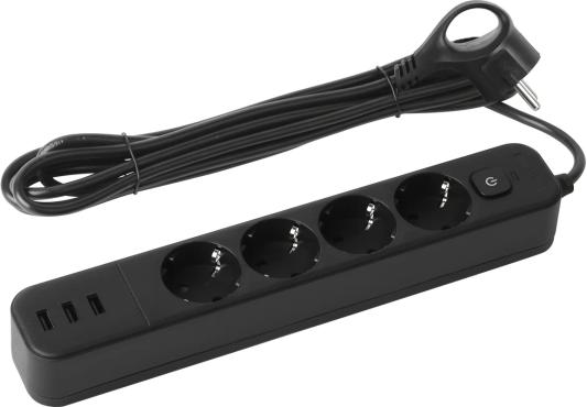 Эра Б0059568 Сетевой фильтр USF-4es-1,5m-3xUSBA-B с базовой защитой с заземлением с выключателем 4 розетки+ 3xUSBA 3,1A 1,5м 10А черный