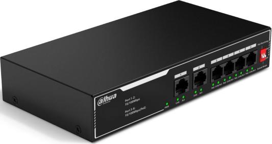 DAHUA DH-SF1006LP 6-портовый неуправляемый коммутатор с РоЕ, 4xRJ45 100Mb PoE, 2xRJ45 100Mb uplink, суммарно 36Вт, коммутация 1.2 Гбит/с, MAC-таблица 2K, металл