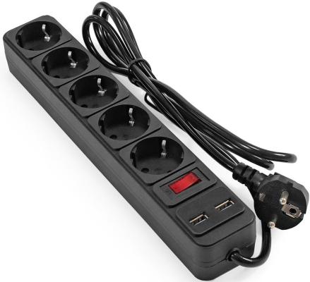 Сетевой фильтр-удлинитель с USB зарядкой ExeGate SP-5-USB-1.8B (5 евророзеток с заземлением, 2 USB-A 2A, 1.8м, защита от перегрузки, выключатель с подсветкой, черный)