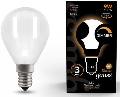 Лампа светодиодная Gauss Filament 105201109-D 9Вт цок.:E14 шар 220B 3000K св.свеч.бел.теп. (упак.:10шт)