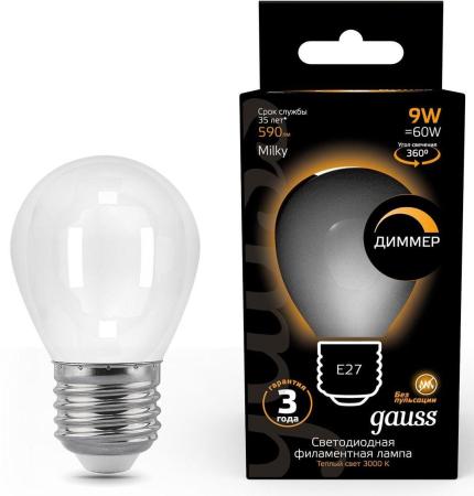 Лампа светодиодная Gauss Filament 105202109-D 9Вт цок.:E27 шар 220B 3000K св.свеч.бел.теп. (упак.:10шт)