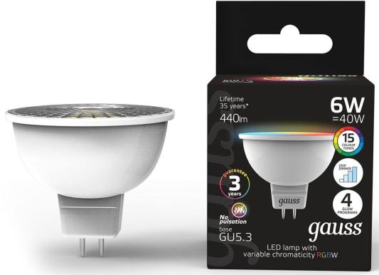 Лампа светодиодная Gauss 101105406 6Вт цок.:GU5.3 софит 175B св.свеч.RGB MR16 (упак.:1шт)