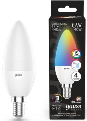 Лампа светодиодная Gauss 103101406 6Вт цок.:E14 свеча 220B св.свеч.RGB (упак.:1шт)