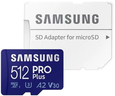 Флеш карта microSDXC 512GB Samsung PRO Plus Class 10, A2, V30, UHS-I (U3), W 130 МБ/с, R 180 МБ/с, <MB-MD512SA/EU> адаптер на SD