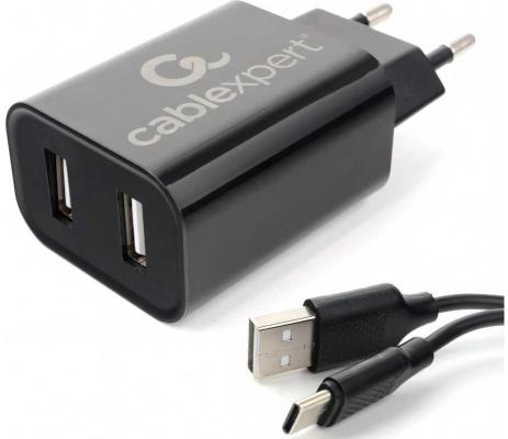 Cablexpert Адаптер питания USB 2 порта, 2.4A, черный + кабель 1м Type-C (MP3A-PC-37)