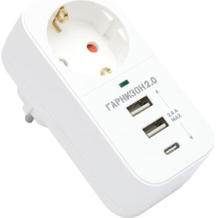 Гарнизон Сетевой фильтр  SKT-1-CU2-W 2.0 Мультипорт однорозеточный, 1р, 16А, 1xType-C, 2 х USB, ур.защиты 2+, белый (21440)