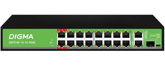 Коммутатор Digma DSP216F-1G-1C-R300 (L2) 16x100Мбит/с 1x1Гбит/с 1xКомбо(1000BASE-T/SFP) 16PoE 16PoE+ 2PoE++ 300W неуправляемый