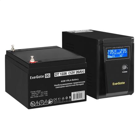Комплект ИБП EX295986RUS + батарея 26Aч EX282970RUS 1шт (инвертор, синус, для котла) ExeGate SineTower SZ-600.LCD.AVR.1SH <600VA/360W, чистый синусоида, LCD дисплей, AVR, 1*Schuko, линейно-интерактивный, Black> + батарея ExeGate DT 1226 (12В, 26Ач) 1шт