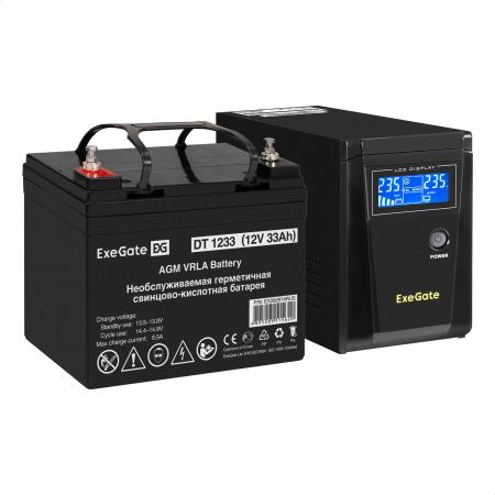 Комплект ИБП EX295986RUS + батарея 33Aч EX282974RUS 1шт (инвертор, синус, для котла) ExeGate SineTower SZ-600.LCD.AVR.1SH <600VA/360W, чистый синусоида, LCD дисплей, AVR, 1*Schuko, линейно-интерактивный, Black> + батарея ExeGate DT 1233 (12В, 33Ач) 1шт